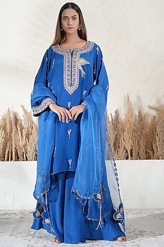 Blue Crepe Embroidered Kurta Set by Vedika Soni