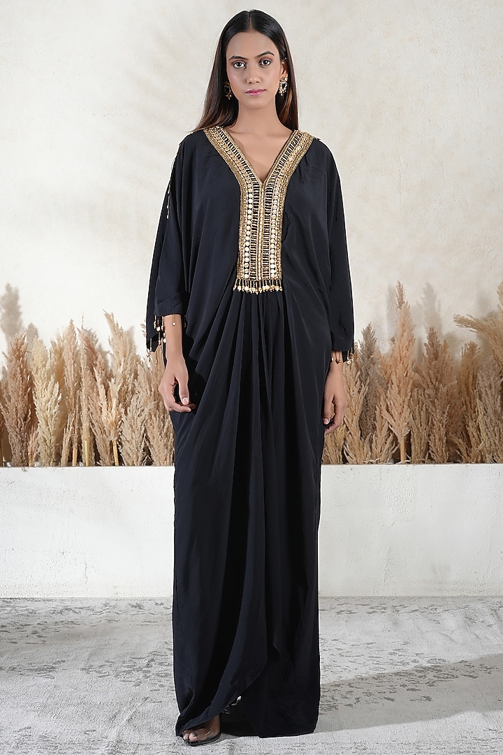 Black Royelle Cotton Embroidered Kaftan by Vedika Soni at Pernia's Pop Up Shop