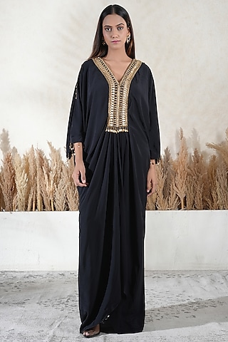 Black Royelle Cotton Embroidered Kaftan by Vedika Soni