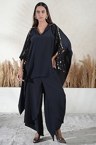 Black Royelle Cotton Embroidered Kaftan Set by Vedika Soni