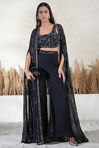 Black Georgette Embroidered Cape Set by Vedika Soni