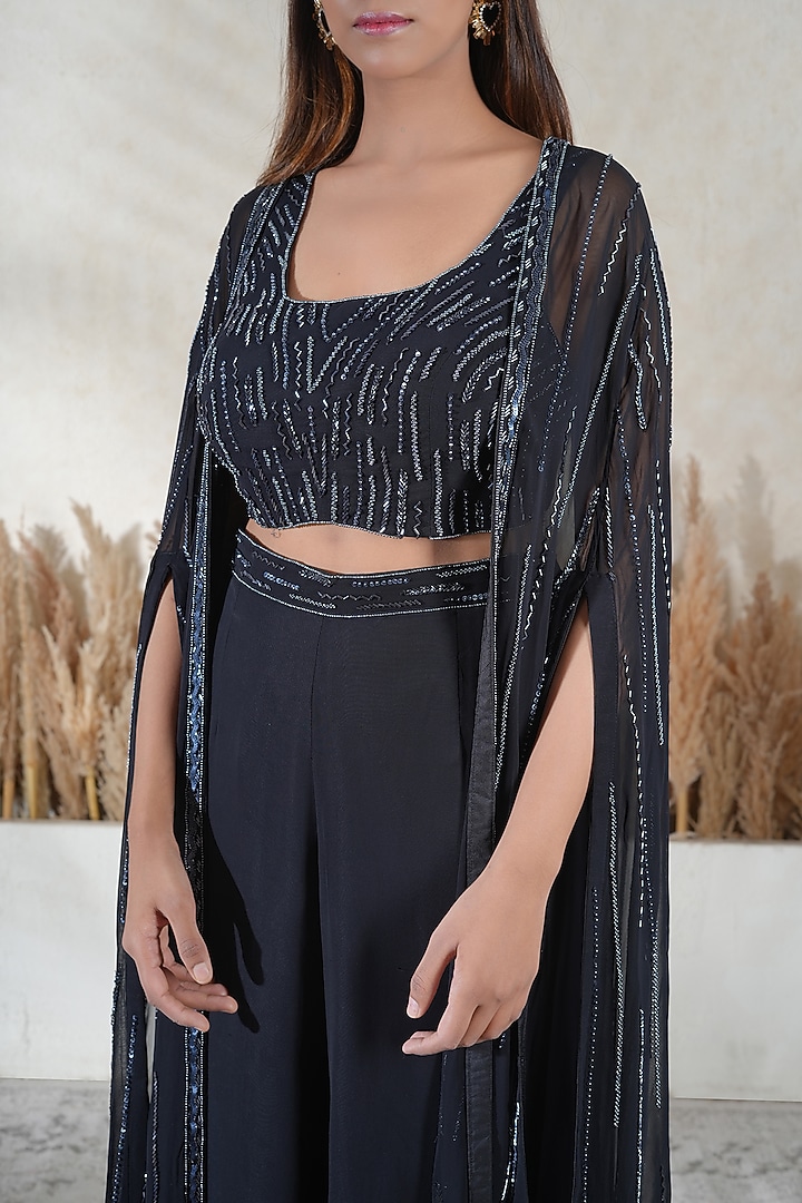 Black Georgette Embroidered Cape Set by Vedika Soni at Pernia's Pop Up Shop