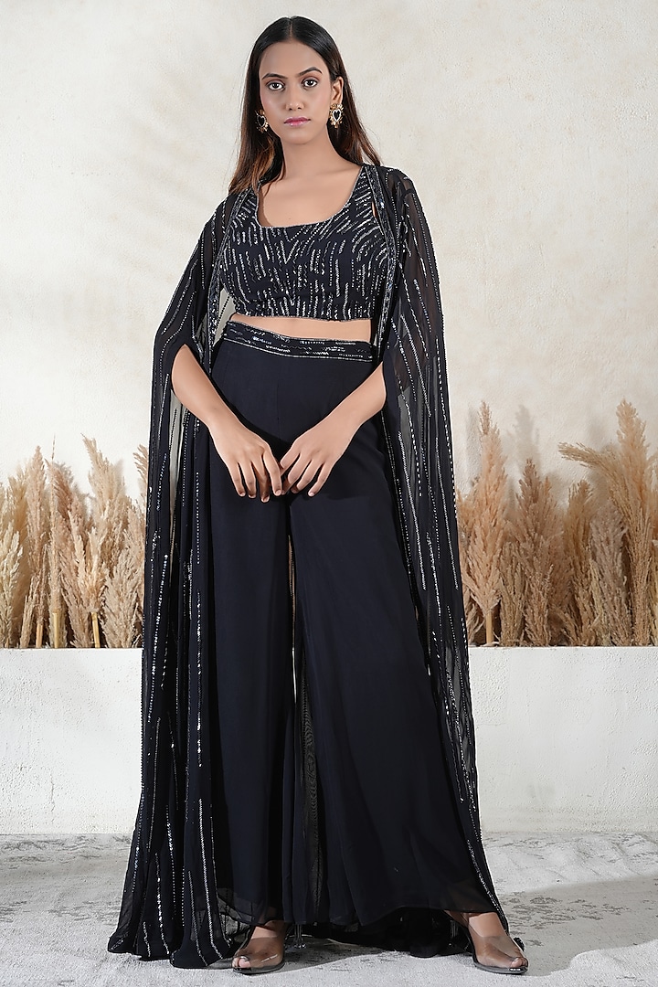 Black Georgette Embroidered Cape Set by Vedika Soni at Pernia's Pop Up Shop