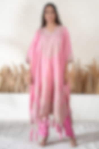 Pink Chanderi Tissue Embroidered Kaftan Set by Vedika Soni at Pernia's Pop Up Shop