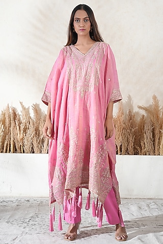 Pink Chanderi Tissue Embroidered Kaftan Set by Vedika Soni