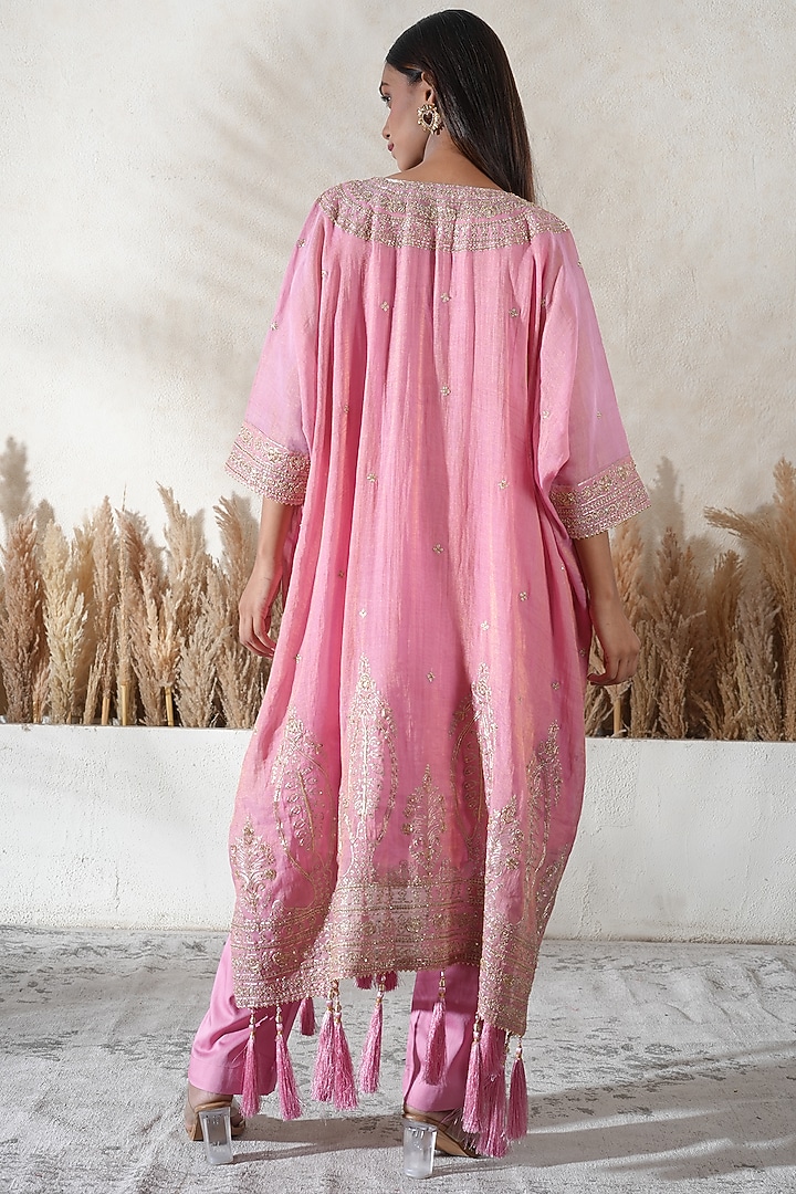 Pink Chanderi Tissue Embroidered Kaftan Set by Vedika Soni at Pernia's Pop Up Shop