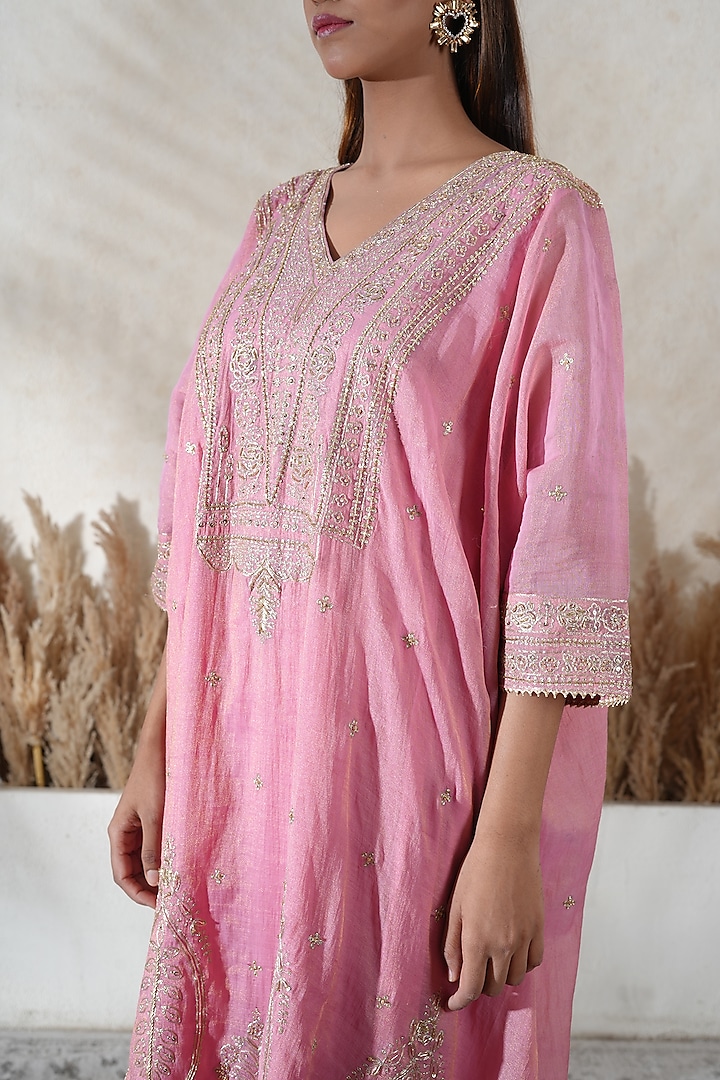 Pink Chanderi Tissue Embroidered Kaftan Set by Vedika Soni at Pernia's Pop Up Shop