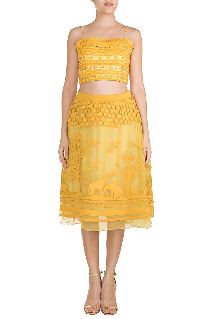 Mustard Tone-On-Tone Applique Skirt by Vidhi Wadhwani at Pernia's Pop Up Shop