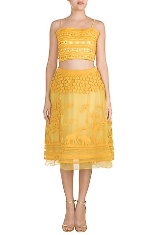 Mustard Tone-On-Tone Applique Skirt by Vidhi Wadhwani