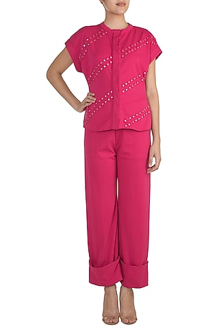 Fuchsia Embellished Top With Straight Pants by Vidhi Wadhwani