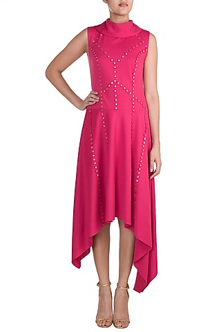 Fuchsia Asymmetric Collared Dress by Vidhi Wadhwani