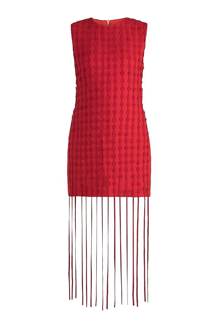 Red Textured Fringe Dress by Vidhi Wadhwani