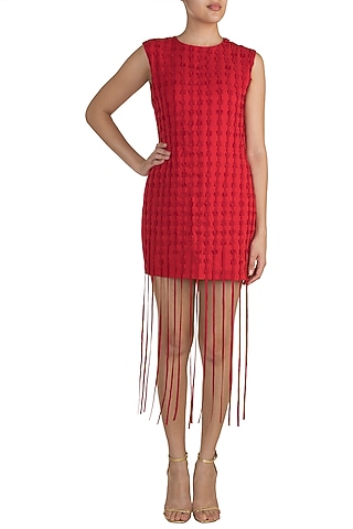 Red Textured Fringe Dress by Vidhi Wadhwani