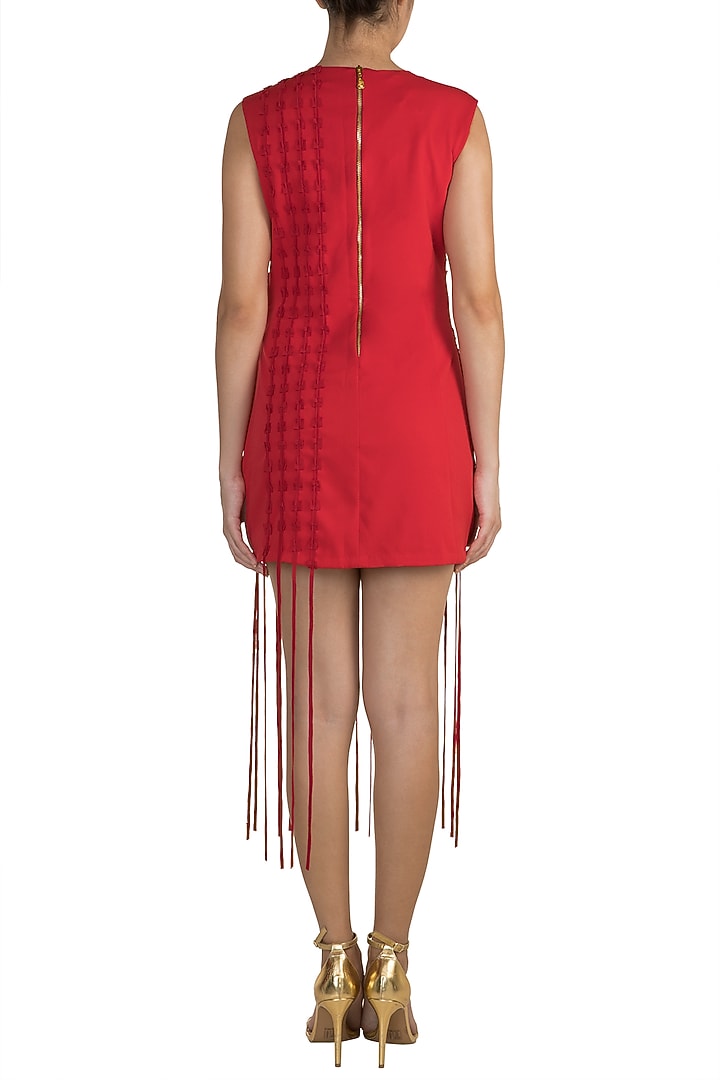 Red Textured Fringe Vacation Dress by Vidhi Wadhwani at Pernia's Pop Up Shop