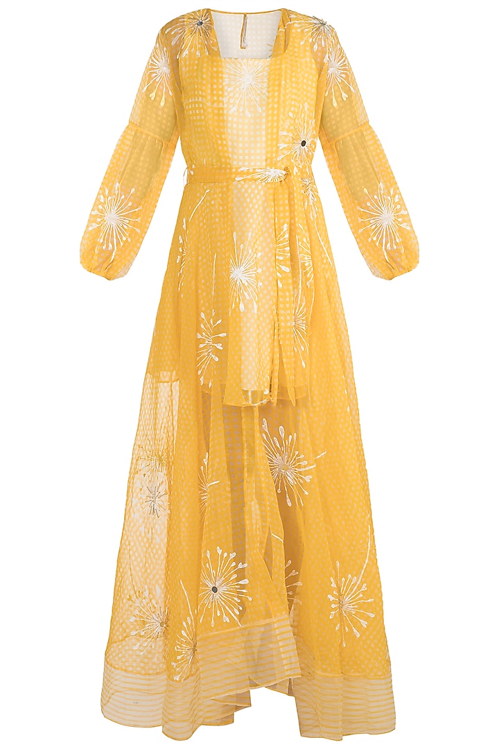 Yellow Block Printed Jacket With Flared Dress by Vidhi Wadhwani