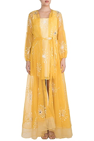 Yellow Block Printed Jacket With Flared Dress by Vidhi Wadhwani