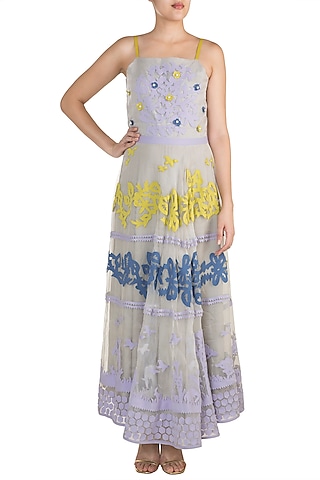 Grey Strappy Flared Gown by Vidhi Wadhwani