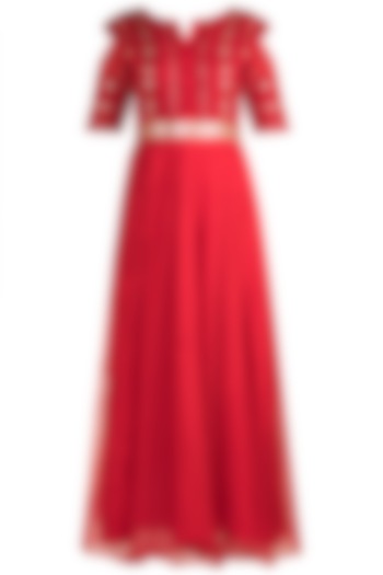 Red Metallic Gown With Belt by Vidhi Wadhwani