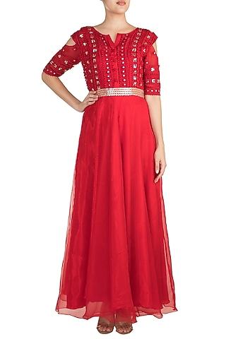 Red Metallic Gown With Belt by Vidhi Wadhwani