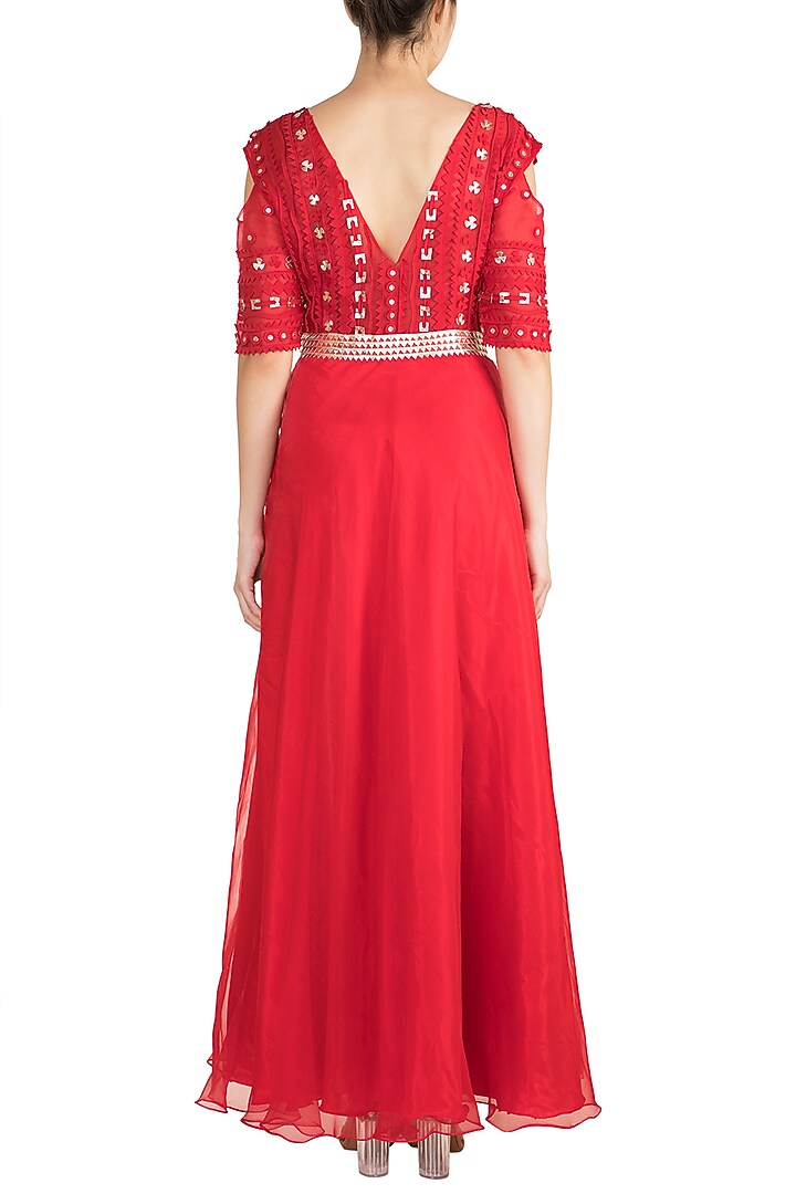 Red Metallic Gown With Belt by Vidhi Wadhwani at Pernia's Pop Up Shop