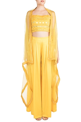 Yellow Asymmetric Cape With Crop Top & Pants by Vidhi Wadhwani