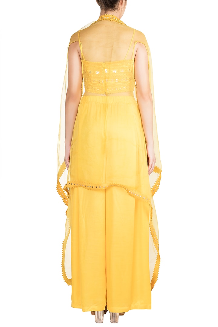 Yellow Asymmetric Cape With Crop Top & Pants by Vidhi Wadhwani at Pernia's Pop Up Shop