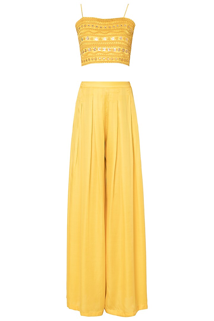 Yellow Asymmetric Cape With Crop Top & Pants by Vidhi Wadhwani at Pernia's Pop Up Shop