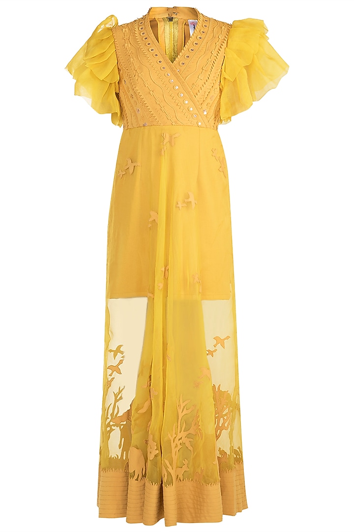 Yellow Applique Sheer Gown by Vidhi Wadhwani