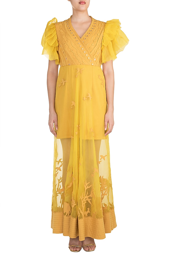 Yellow Applique Sheer Gown by Vidhi Wadhwani at Pernia's Pop Up Shop