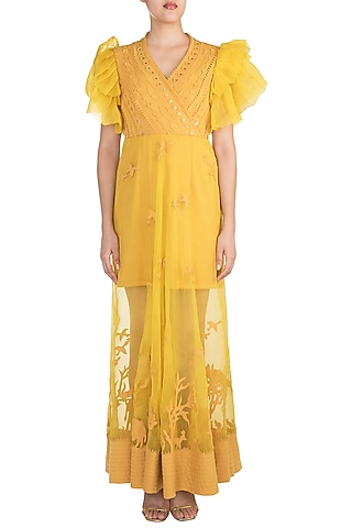 Yellow Applique Sheer Gown by Vidhi Wadhwani