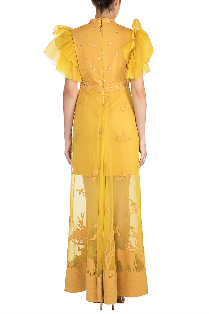 Yellow Applique Sheer Gown by Vidhi Wadhwani at Pernia's Pop Up Shop