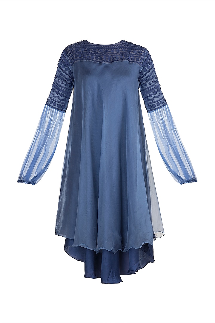 Cobalt Blue Layered Dress With Balloon Sleeves by Vidhi Wadhwani