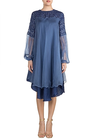 Cobalt Blue Layered Dress With Balloon Sleeves by Vidhi Wadhwani