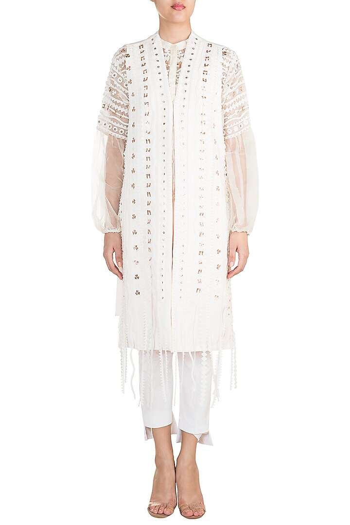 Off White Geometric Applique Jacket by Vidhi Wadhwani at Pernia's Pop Up Shop