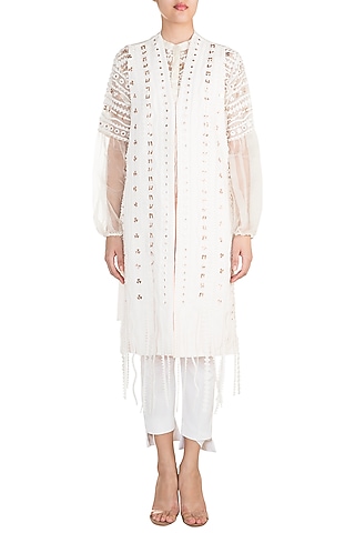 Off White Geometric Applique Jacket by Vidhi Wadhwani