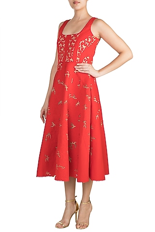 Red Panelled Neoprene Dress by Vidhi Wadhwani