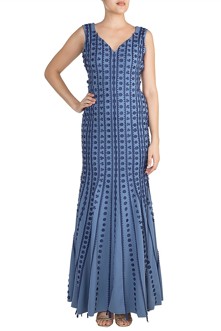 Cobalt Blue Applique Mermaid Gown by Vidhi Wadhwani at Pernia's Pop Up Shop