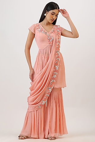 Baby Pink Pure Silk Floral Embroidered Gharara Set by Vidushi Gupta