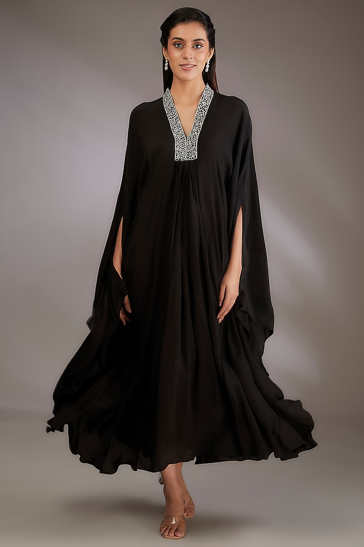 Black Georgette Hand Embroidered Kaftan by Vedika Soni at Pernia's Pop Up Shop