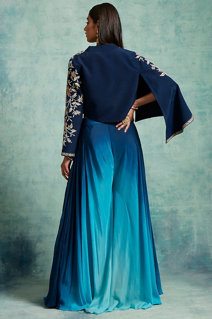 Blue Ombre Embroidered Jacket Set by Vedika Soni at Pernia's Pop Up Shop