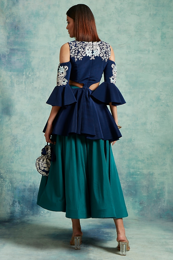 Indigo Blue & Ocean Green Embroidered Skirt Set by Vedika Soni at Pernia's Pop Up Shop