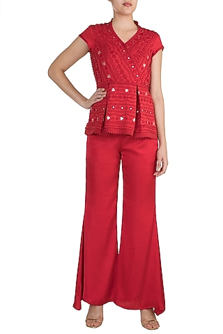 Red Geometric Applique Peplum Top by Vidhi Wadhwani