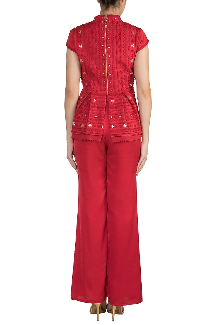 Red Geometric Applique Peplum Top by Vidhi Wadhwani at Pernia's Pop Up Shop