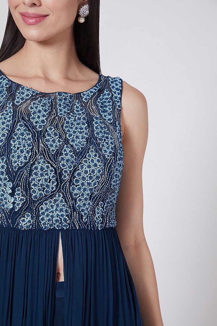 Cobalt Blue Embroidered Wedding Anarkali Set by Vedangi Agarwal at Pernia's Pop Up Shop