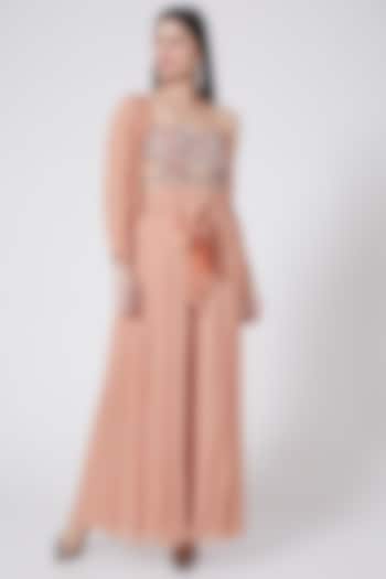 Peach Embroidered One Shoulder Jumpsuit by Vedangi Agarwal