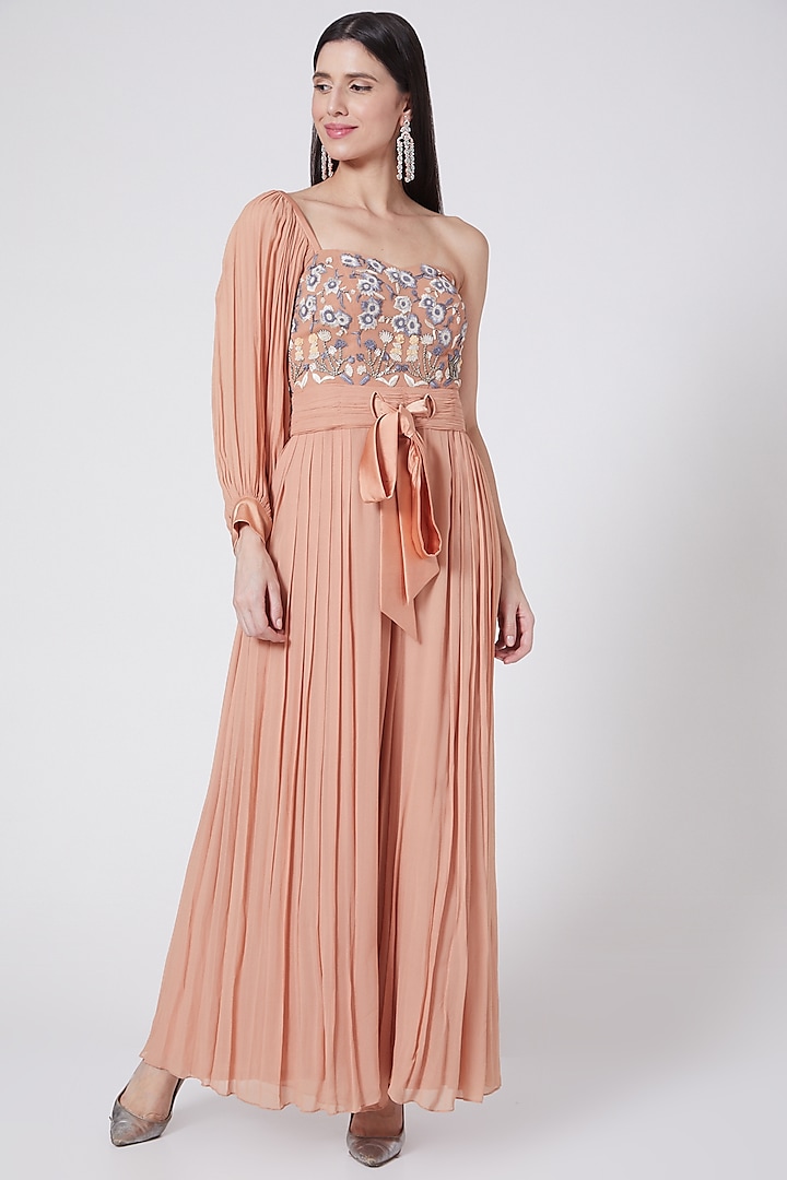 Peach Embroidered One Shoulder Jumpsuit by Vedangi Agarwal