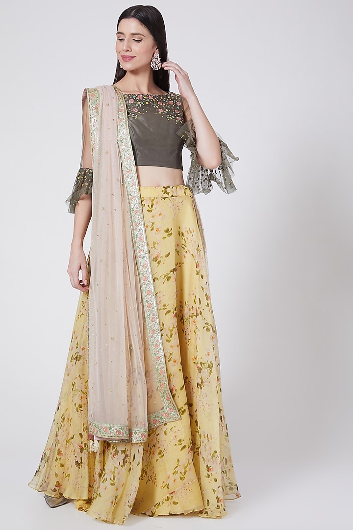 Mustard Embroidered Skirt Set by Vedangi Agarwal at Pernia's Pop Up Shop