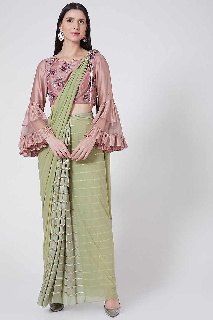 Mint Green Hand Embroidered Draped Saree Set by Vedangi Agarwal
