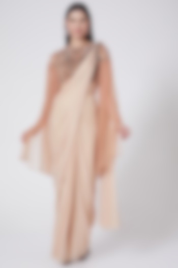 Peach Embroidered Draped Saree Set by Vedangi Agarwal