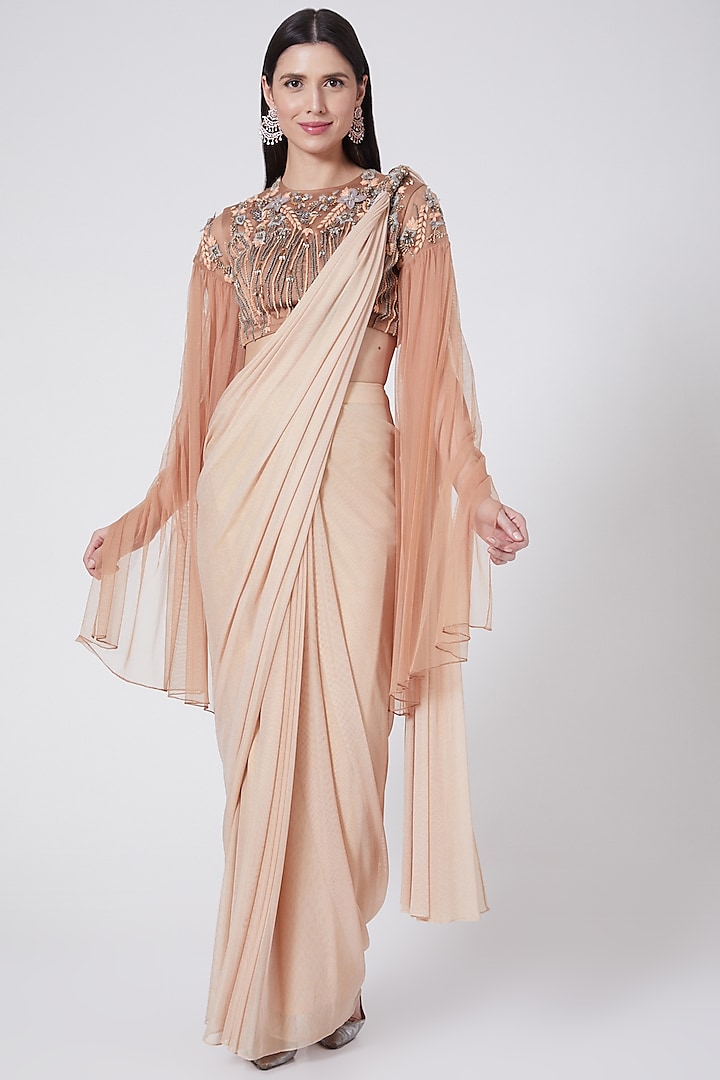 Peach Embroidered Draped Saree Set by Vedangi Agarwal